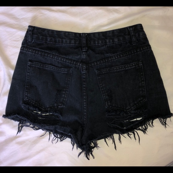 Distressed & Frayed Black Denim Jean Shorts w/ Rips, Cut Outs & Fringe - Picture 3 of 3